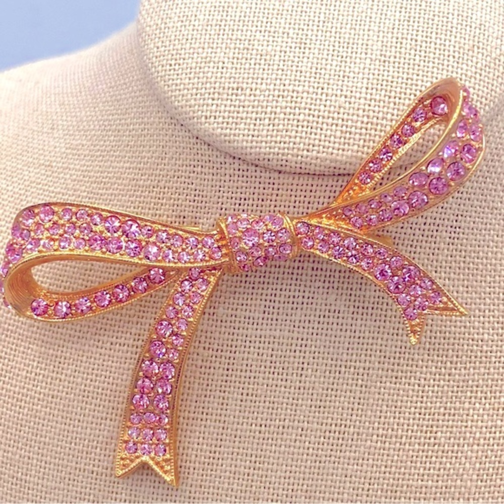 Vintage KJL Rose Gold Tone Pink Pave Rhinestone Bow Pin Brooch Cancer Awareness